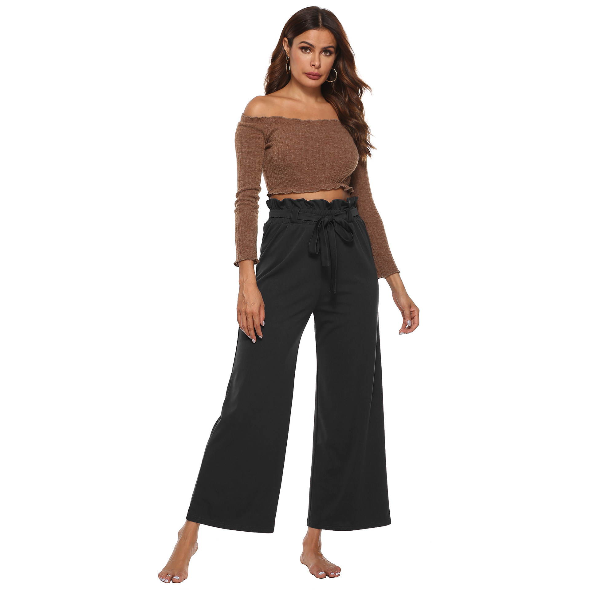 Solid color wide leg paperbag pants NSOY33774