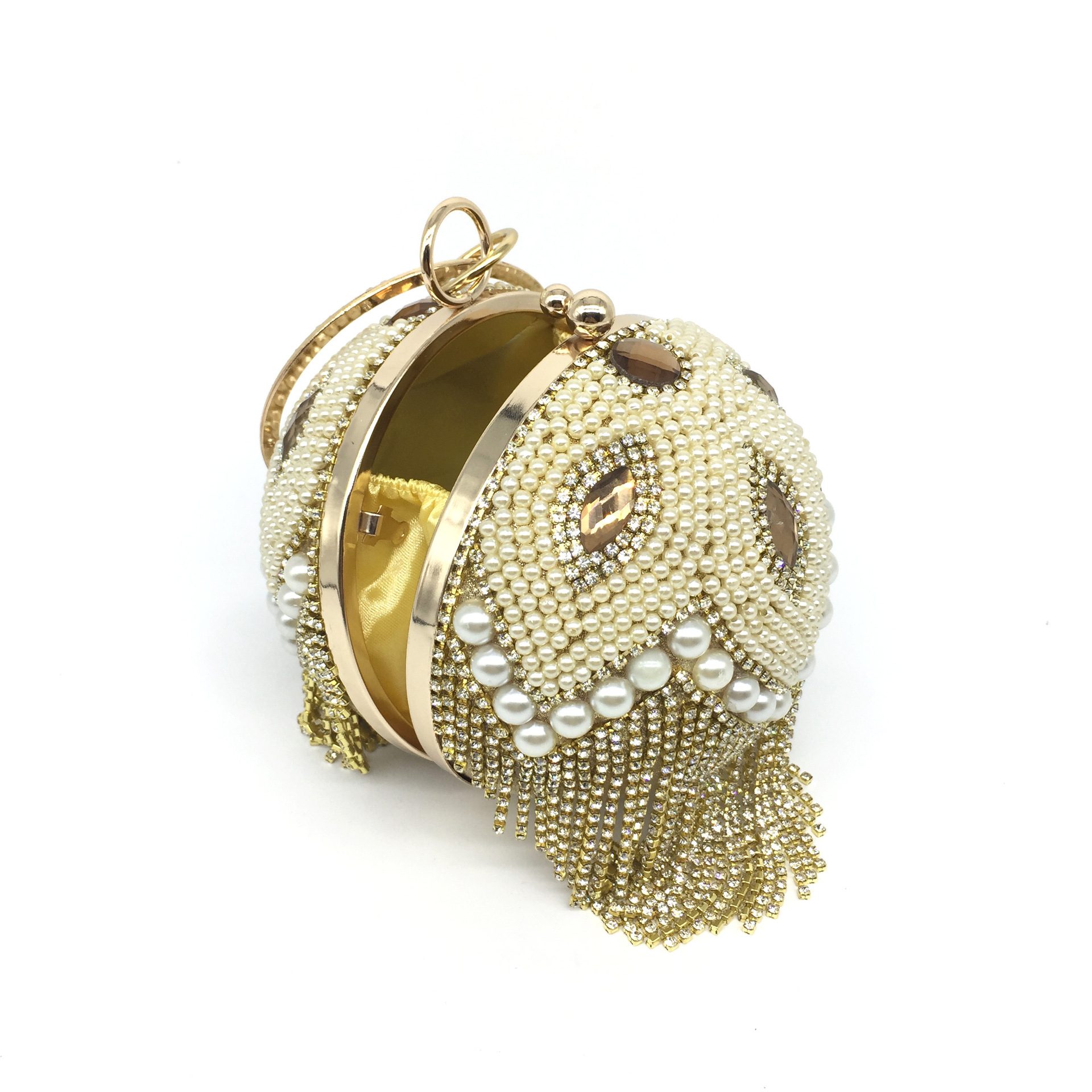 Gold Silver Rhinestone Solid Color Tassel Pearl Round Evening Bags display picture 3