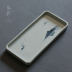 純手繪古青花陶泥山水茶盤 壺承杯墊功夫茶具單層干泡台