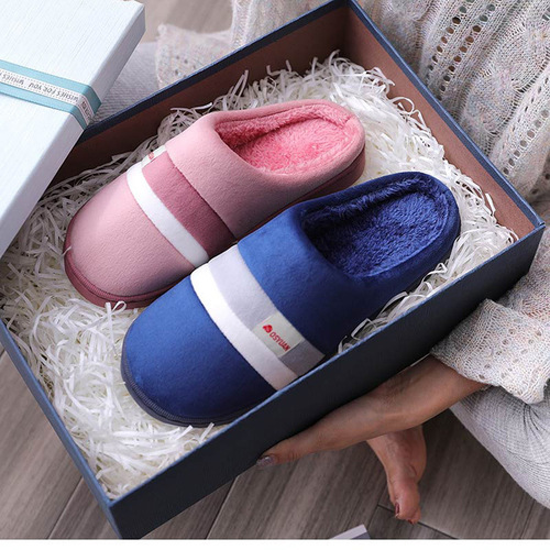 Leisure Winter Striped Embroidered Men's and Women's Warm Hotel Home Indoor Home Cotton Slippers
