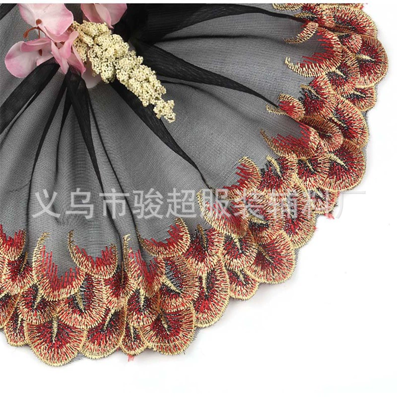 JunChao Lace: Golden Wire Mesh Peacock Feather Embroidered Lace Trim for Textiles, Crafts, and Dolls