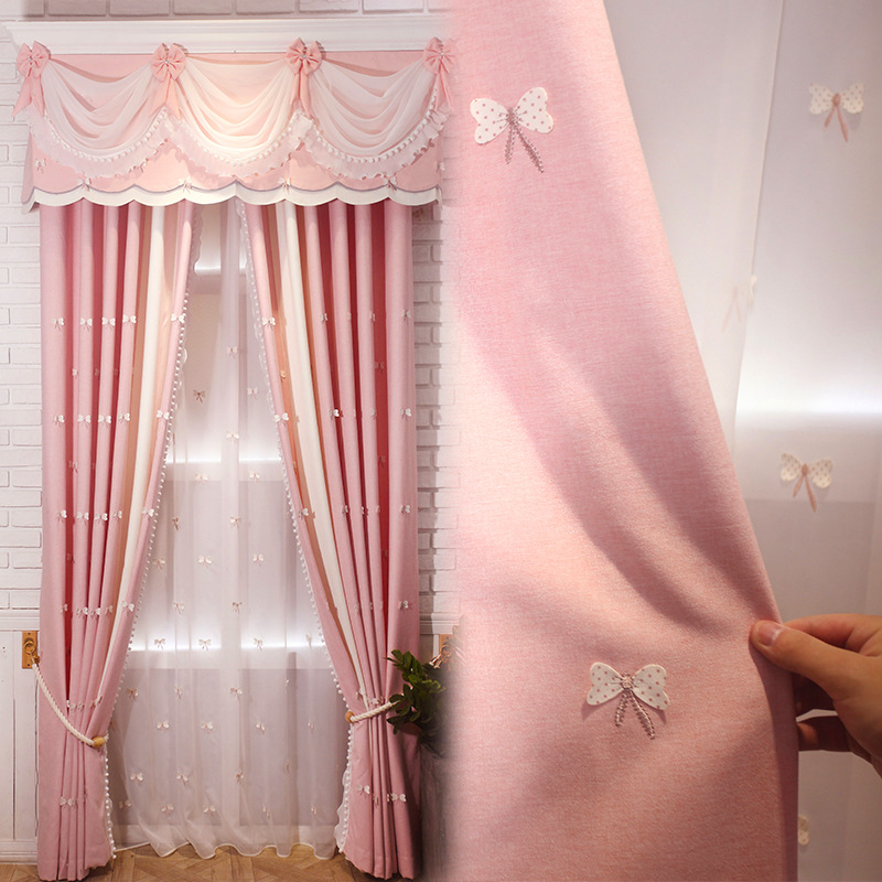 Pink girl children's room curtain finished product simple modern bedroom bay window girl heart princess style butterfly embroidery