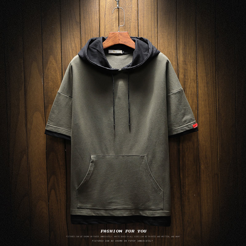 Summer New Teenager Men's Loose Large Size Solid Color Casual Casual Half Sleeve Hooded Sweatshirt Thin Jacket