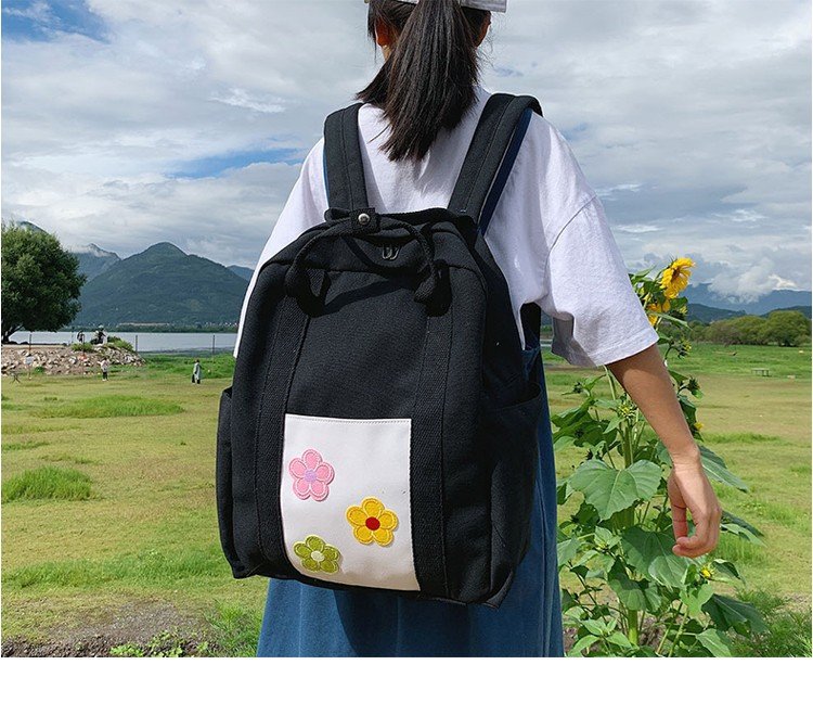 夏季新款韓版小清新花朵帆布手提雙肩包女學院風百搭書包收納包休閒包外出包旅行包~UI2434