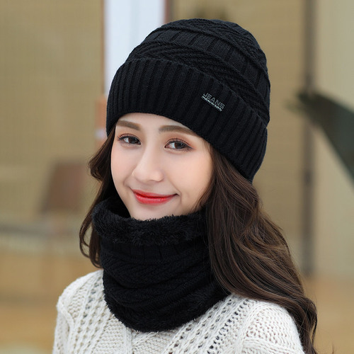 恬恬黛 帽子女冬季韩版潮百搭毛线帽 女士保暖护耳围脖两件套批发