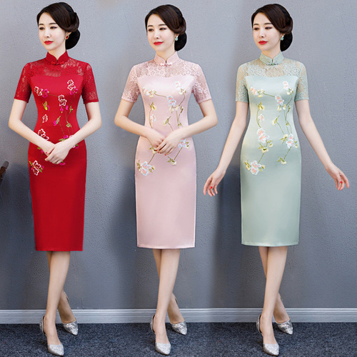 Chinese Dresses Qipao for women robe chinoise cheongsam A piece of short sleeve standing collar cheongsam dress ceremonial dress
