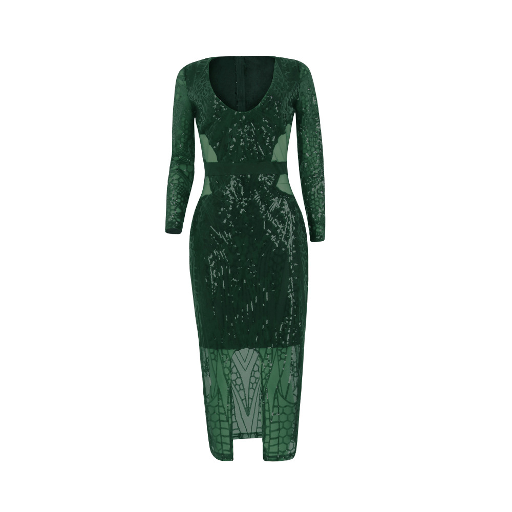 Sexy Deep V Split Sequin Long Sleeve Dress Nightclub in Dresses