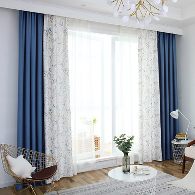 新款小清新仿雪尼尔麻纯色印花拼接窗帘成品定制客厅卧室一件代发|ms