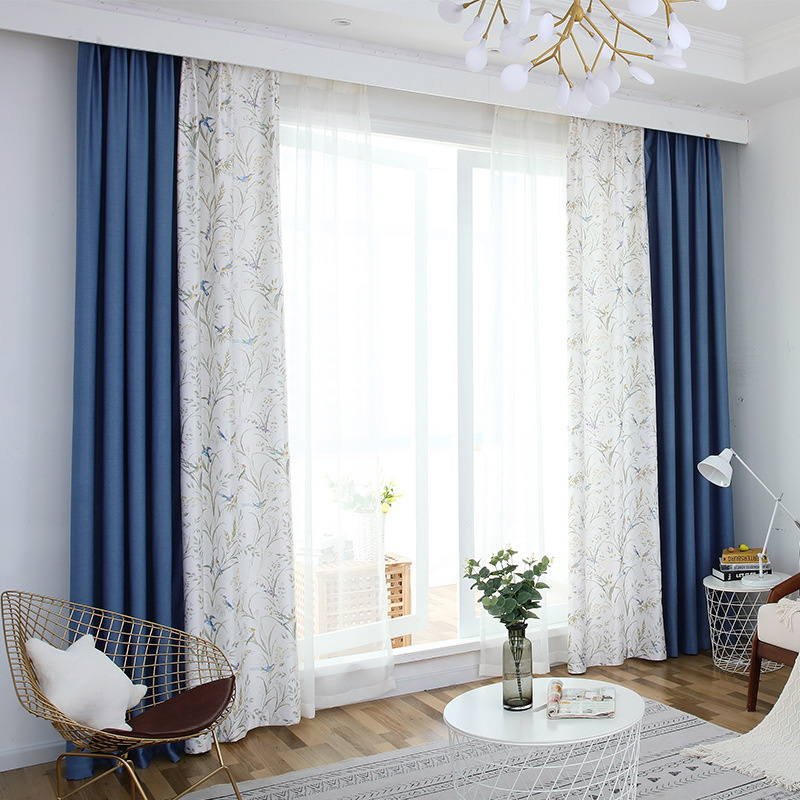新款小清新仿雪尼尔麻纯色印花拼接窗帘成品定制客厅卧室一件代发|ms