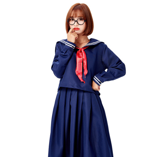Adult women's Japanese navy sailor uniform dark blue split long sleeve v-neck Japanese school uniform with red scarf