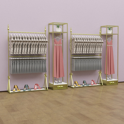 服裝店展示架雙層挂衣架落地式女裝店貨架鐵藝陳列架童裝側挂金色
