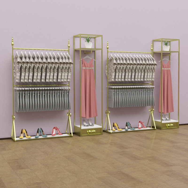 服裝店展示架雙層挂衣架落地式女裝店貨架鐵藝陳列架童裝側挂金色
