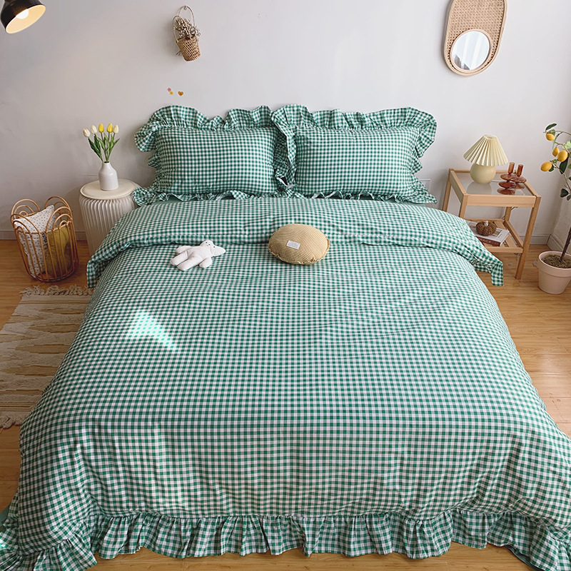 

new cotton korean girl ins four-piece bed sheet simple lotus leaf lace plaid quilt cover 1.5m1.8 bed