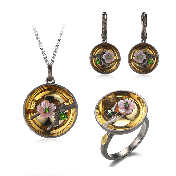 三件印花花卉设计外壳女性时尚珠宝套装镶嵌透辉石|ms