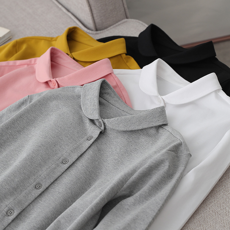 春装百搭打底上衣 日系弹力针织长绒精梳棉小圆领长袖衬衫女