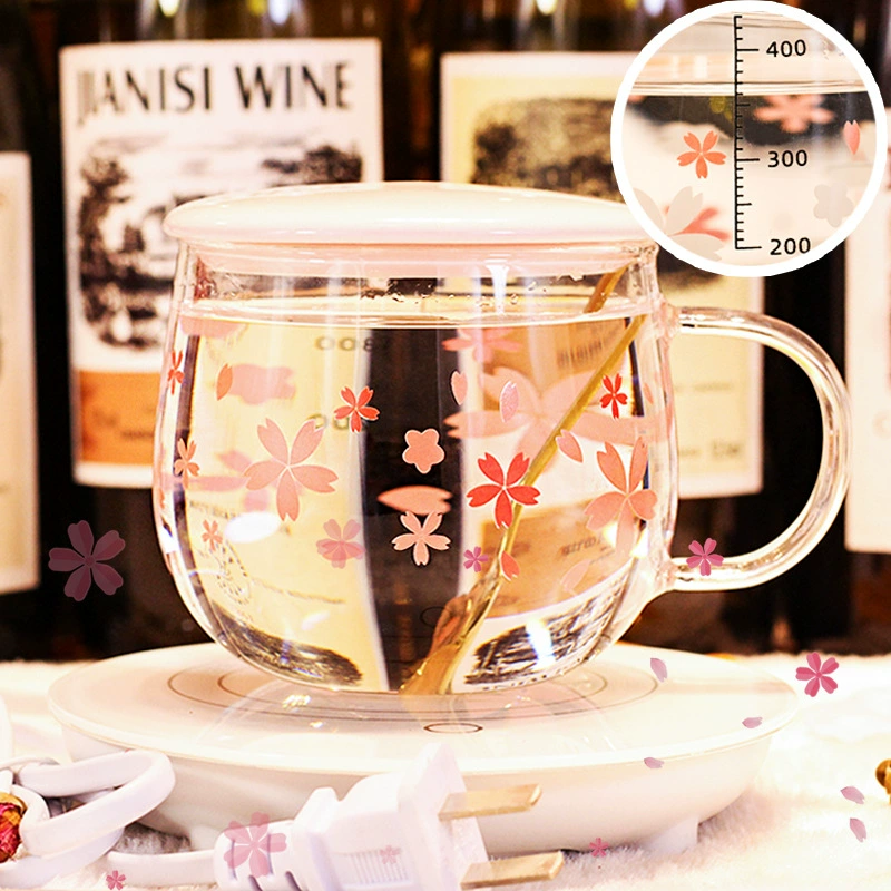 Стеклянная чашка для воды с розеткой лица Sakura, женская стеклянная чашка с крышкой одного слоя, чай, милая прозрачная термостойкая чашка для молока, японский стиль большой живот