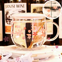 Стеклянная чашка для воды с розеткой лица Sakura, женская стеклянная чашка с крышкой одного слоя, чай, милая прозрачная термостойкая чашка для молока, японский стиль большой живот