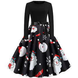 实拍现货亚马逊圣诞款印花拼接长袖大摆连衣裙9110