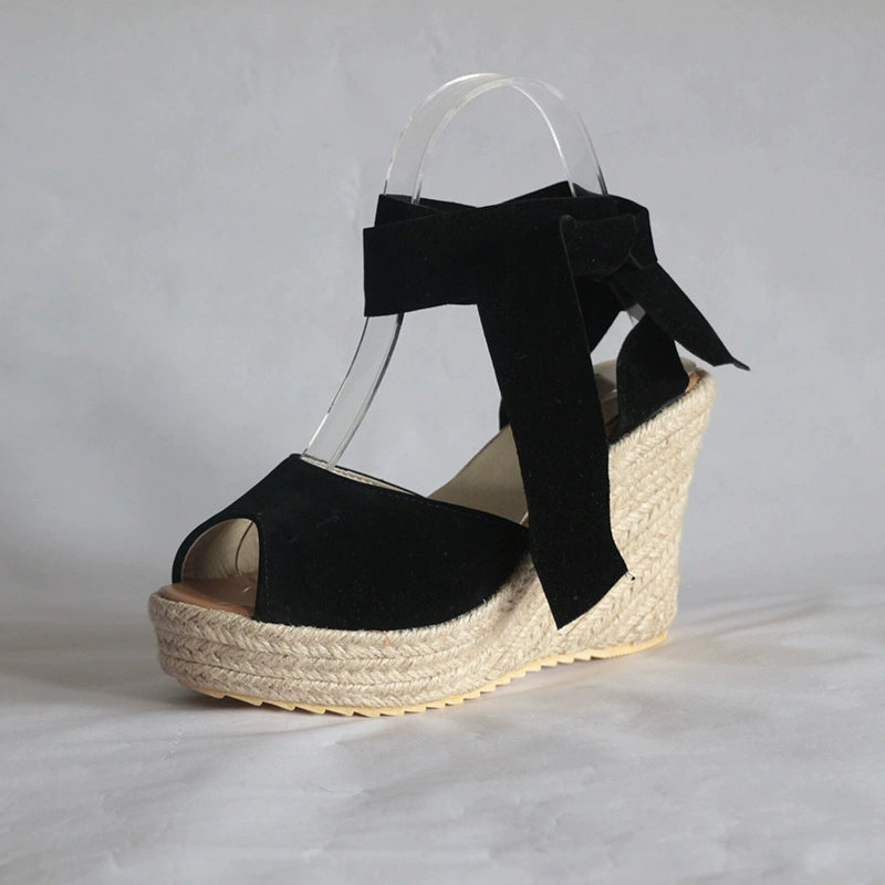 Сандалии наankle-strap из соломы на танкетке, верх PU, каблук 10 см, размеры EU 34–43, плюс-сайз