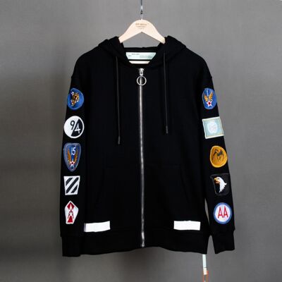 OW潮牌OFF WHITE 2019经典刺绣勋章情侣男女同款纯棉连帽拉链卫衣|ru