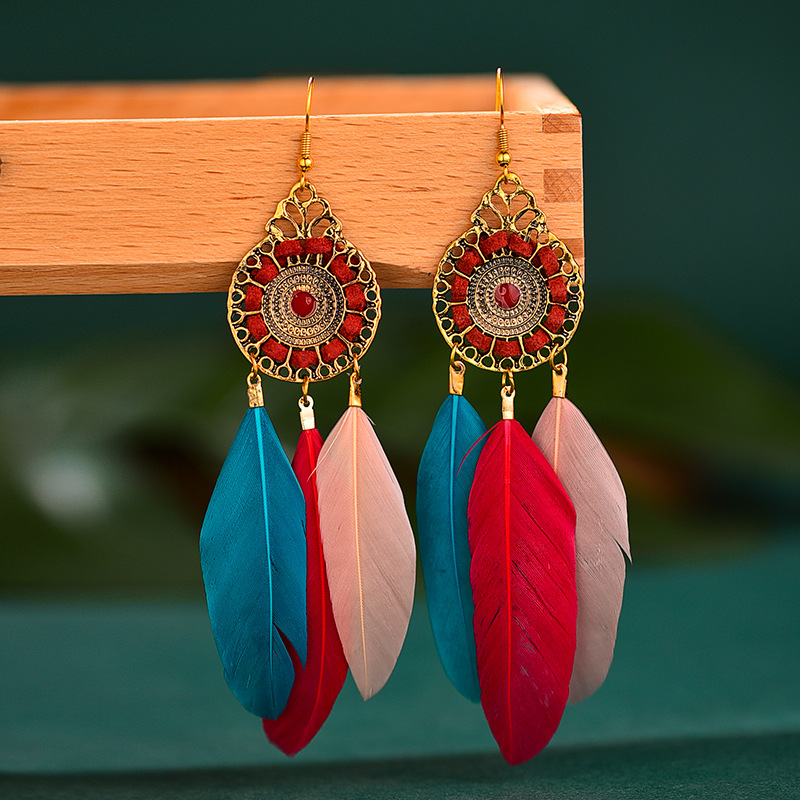 Retro Round Wire Feather Long Tassel Earrings Wholesale display picture 2