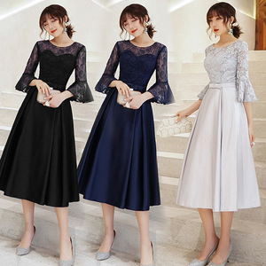 Annual meeting wedding party bridesmaid evening dress for women singer choir miss etiquette lace mid-length navy blue banquet fairy dress