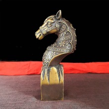仿古銅器黃銅馬首印章擺件創意生肖馬頭復古家居裝飾工藝品擺件