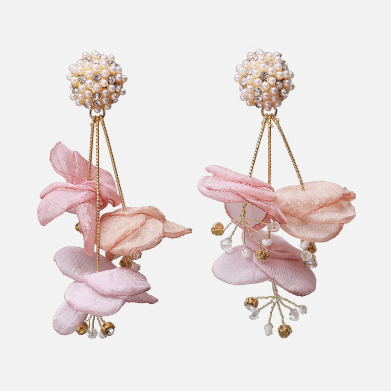 1 Pair Fashion Flower Cloth Handmade Rhinestones Women's Drop Earrings display picture 3
