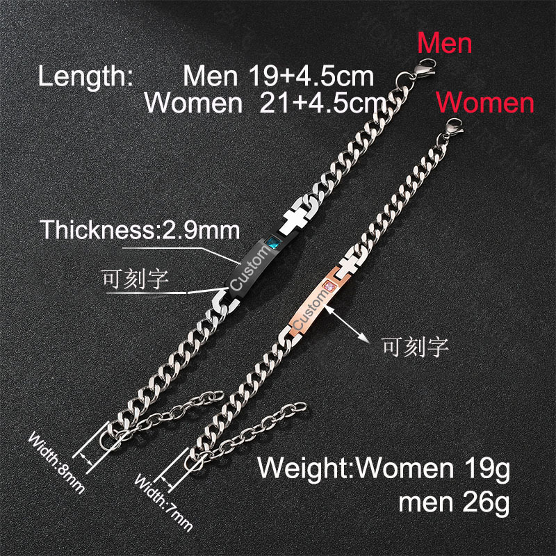 36g Weight Rhinestones Inlay Material Lettering Bracelet Stainless Steel Chain Diamond Couple Id Bracelet
