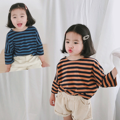 2019春装新款韩版男童女童宝宝条纹T恤宽松圆领百搭七分打底衫潮|ru