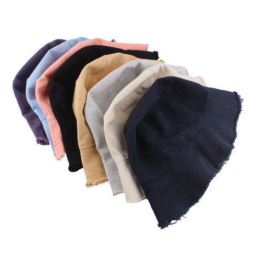 Cotton fur-edged basin hat Japanese solid color denim fisherman hat women's sun hat fashionable frayed washed canvas hat