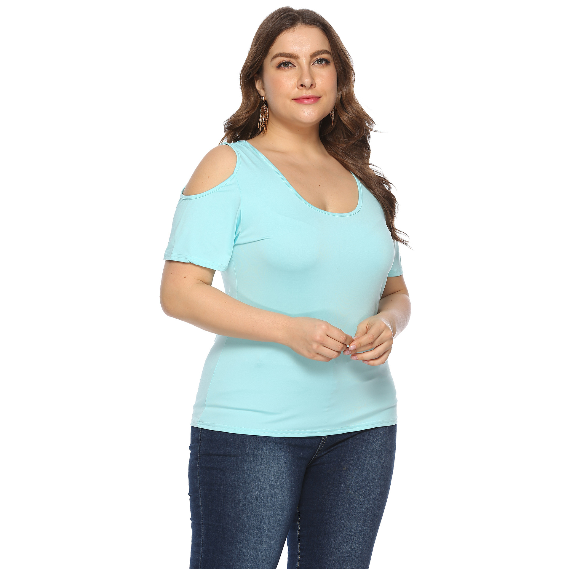 Plus Size Solid Color Simple Round Neck Strapless Short Sleeve T-Shirt NSOY27389