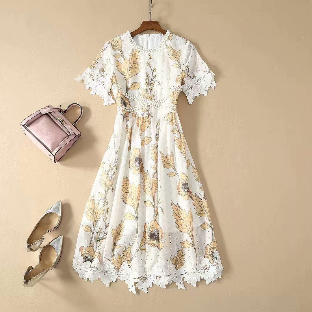 1225-01 花边辫子拼接连衣裙 码数SMLXL面料绣品+