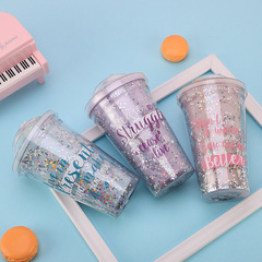 Wholesale Factory Ice Cube Cup Creative Student Double Layer Cup Korean Style with Straw Water Cup Fresh Graffiti Stars Plastic Cup
