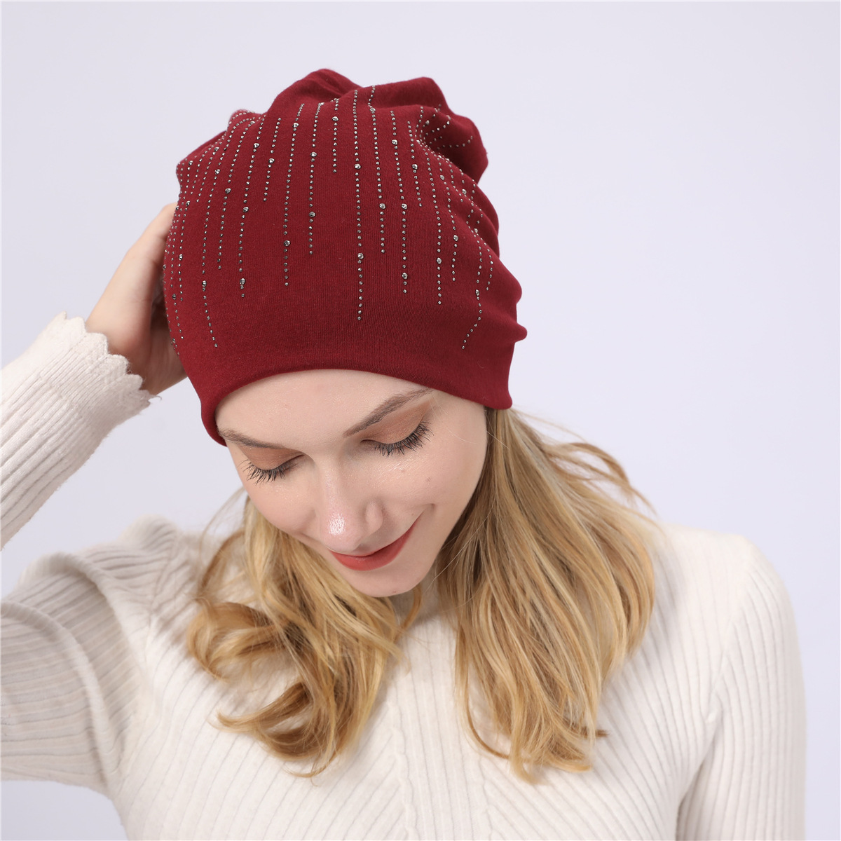 M965 nouveau automne/hiver Couple pull Double couche Imitation cachemire chaud diamant coton tissu chaud clair de lune chapeau_voghion.com