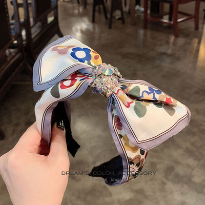 D899泫雅风网红发箍欧美发饰复古印花缎蝴蝶结成人发卡度假头箍女|ru