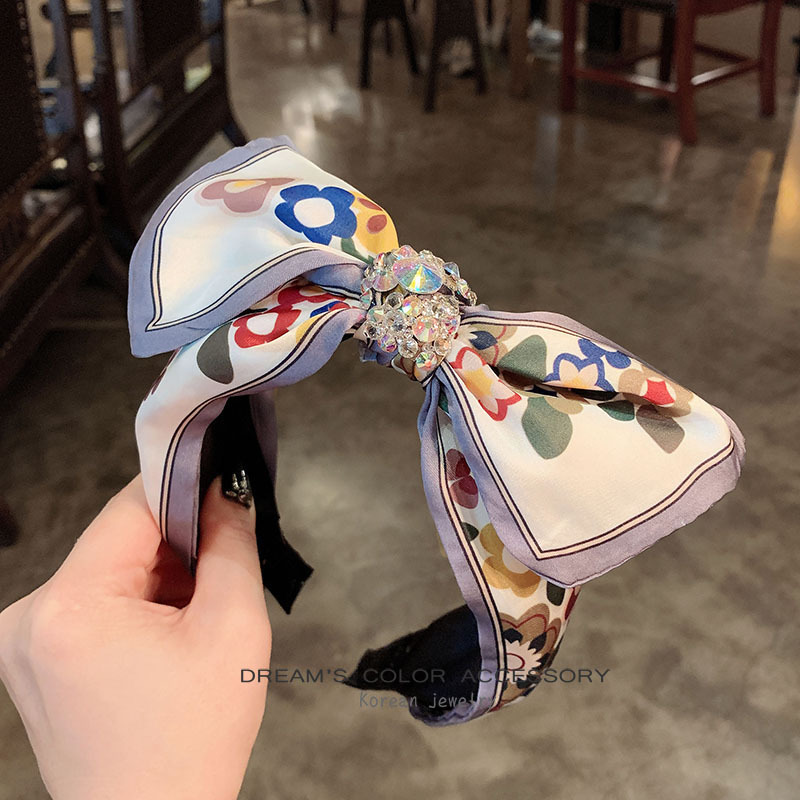 D899泫雅风网红发箍欧美发饰复古印花缎蝴蝶结成人发卡度假头箍女|ru