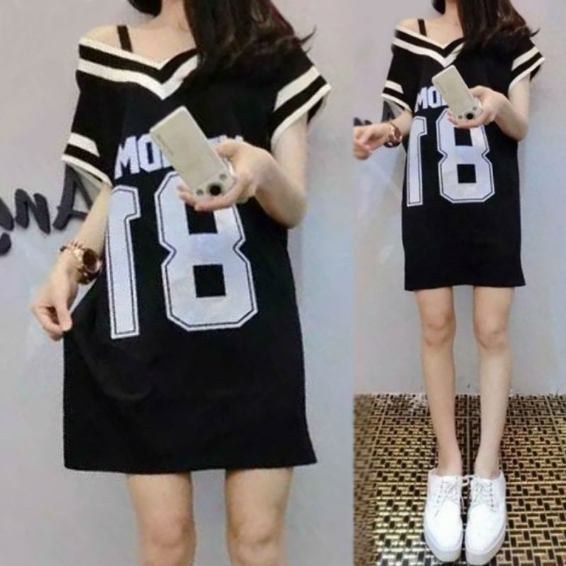 2019歐洲站夏季新款大碼女胖MM大V領顯瘦打底衫時尚連衣裙