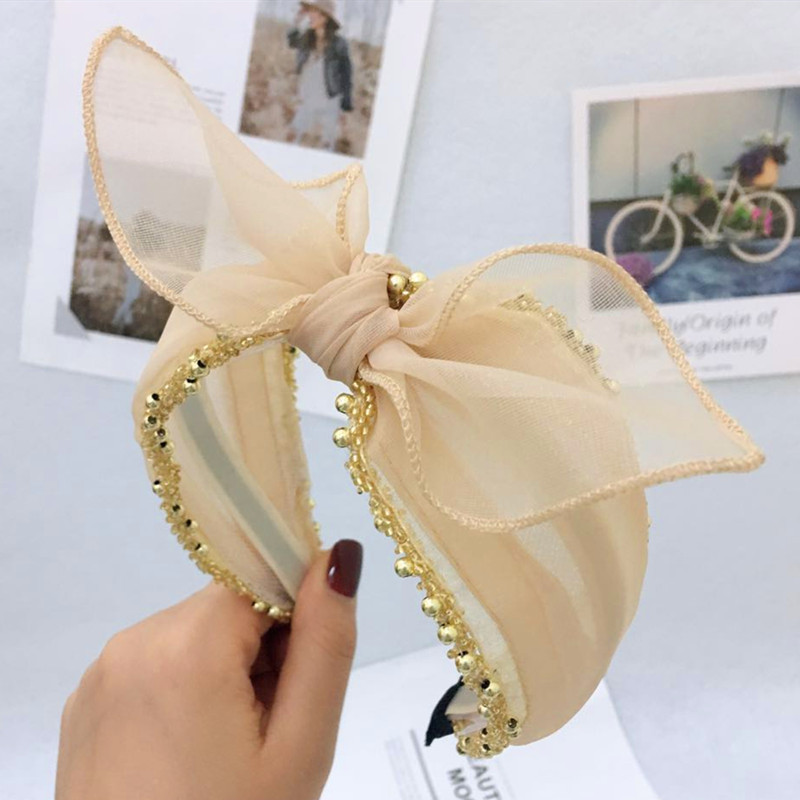 New Net Yarn Bow Hair Hoop Spring And Summer Lace Hairpin Korean Version Of Bead Rabbit Ear Hair Accessories Headband display picture 6