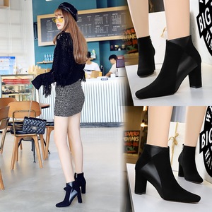 European and American style fashion， simple all-around， simple thick heel square head sexy thin， suede splicing bo