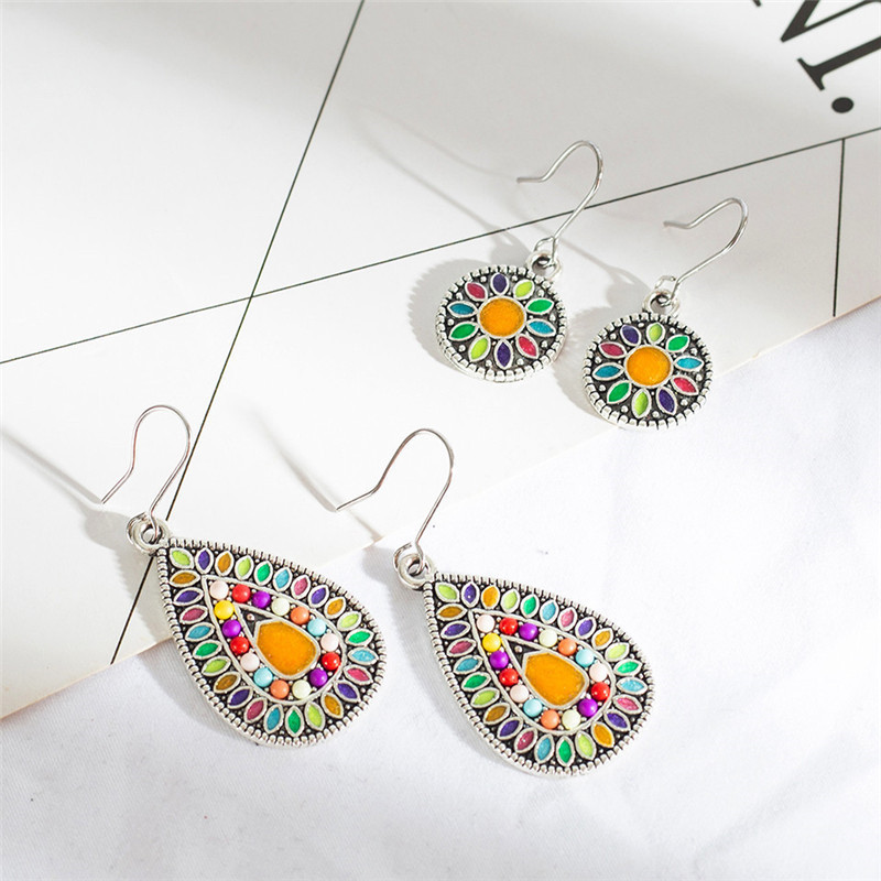 Retro Style Inlaid Rice Beads Round Oil Drop Water Color Earring Set display picture 1