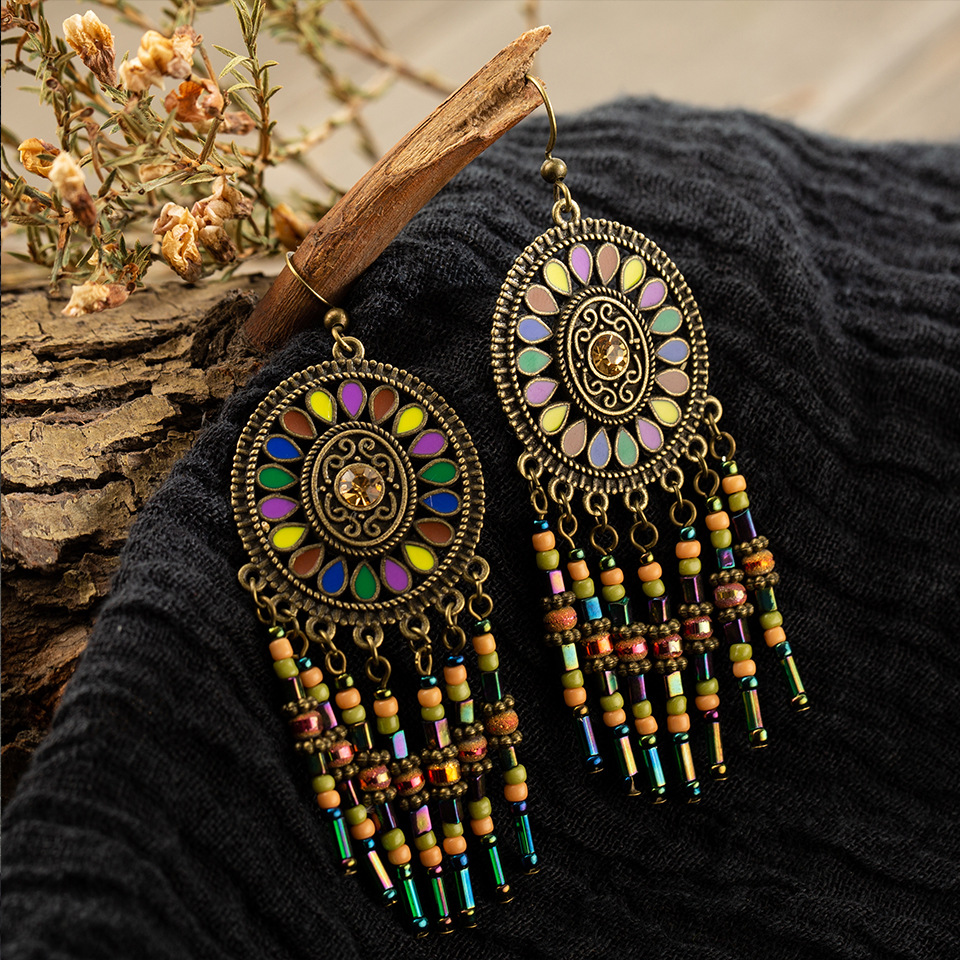 Boho Dripping Oil Beads Tassel Flower Earrings display picture 5