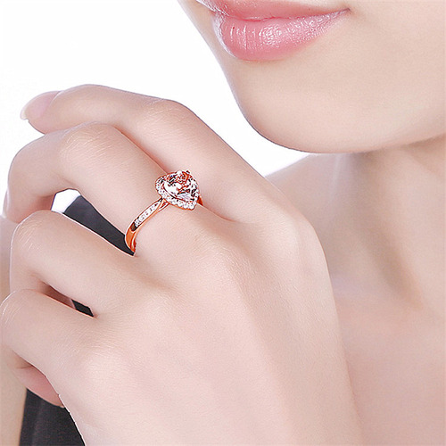 Wish European and American hot selling natural morganite love ring micro-paved zircon plated 18K gold orange pink diamond heart-shaped ring