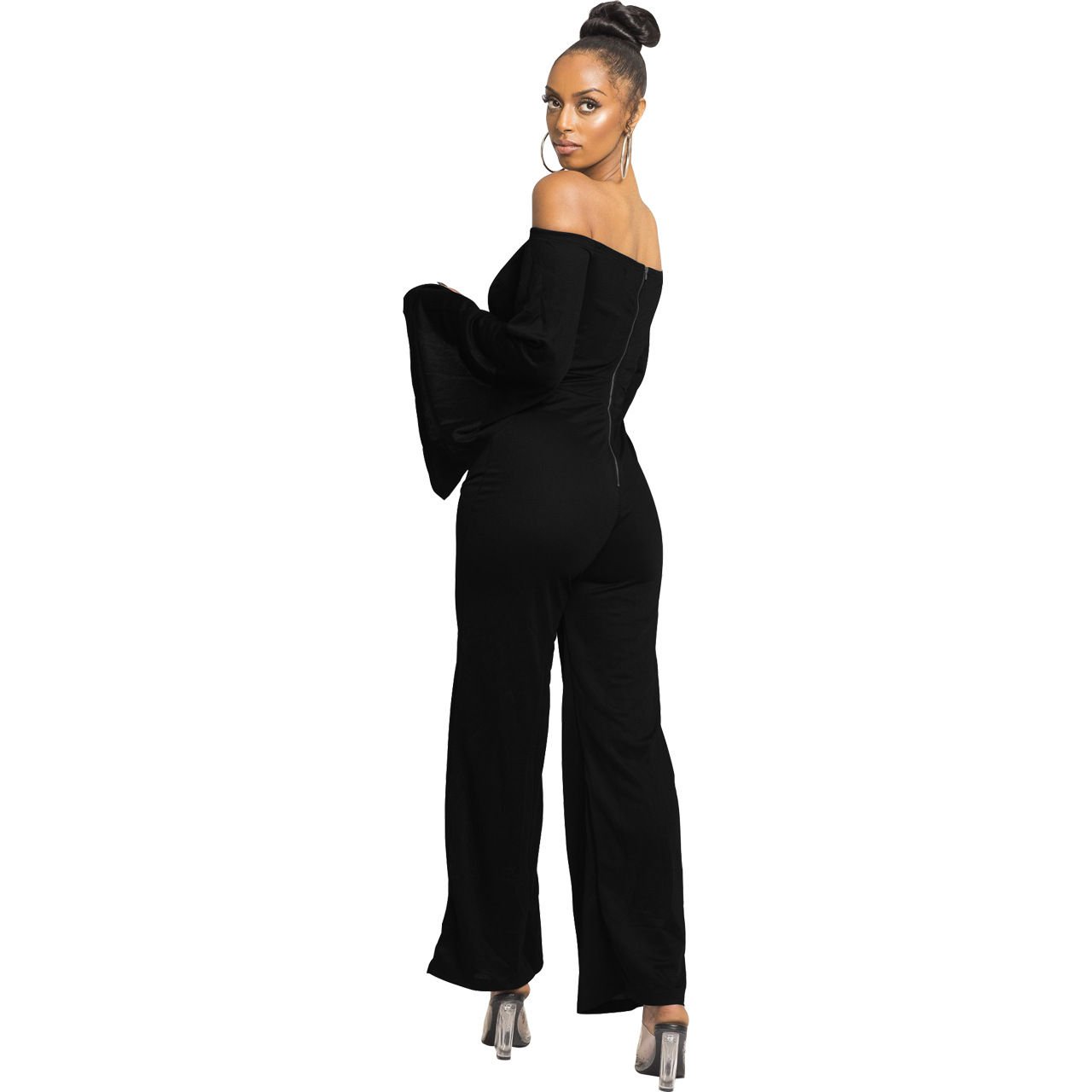Boutique Casual Solid Color Long Sleeves Cropped off Shoulder Jumpsuit