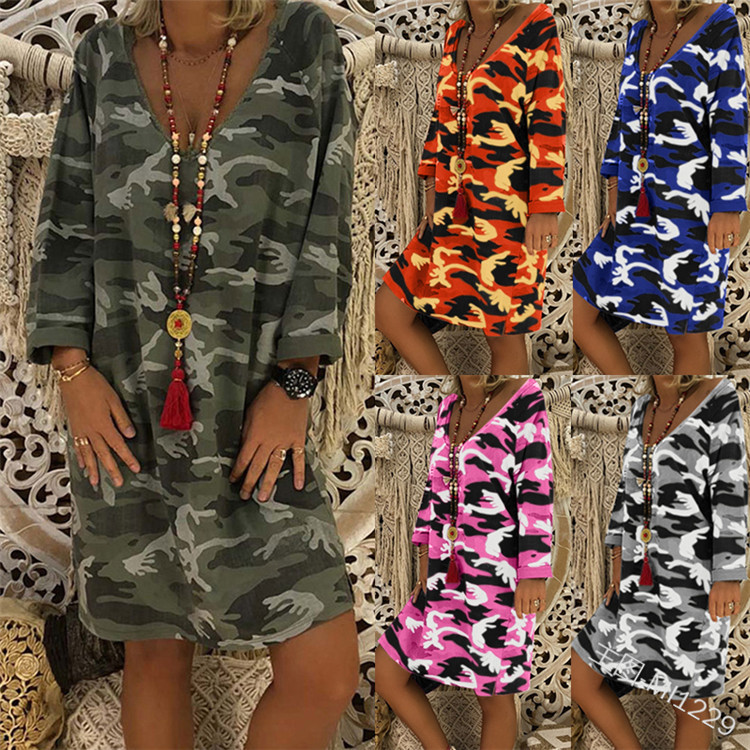 2019wish欧美新款外贸连衣裙 时尚圆领长袖迷彩印花宽松连衣裙女