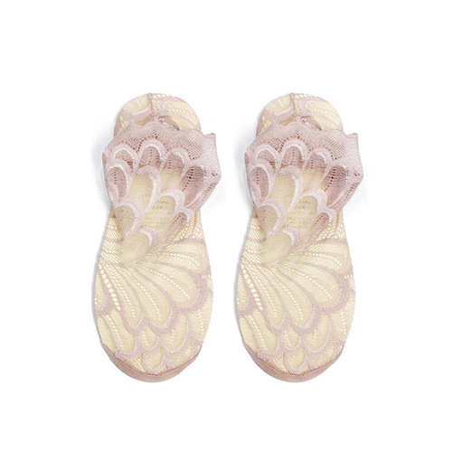 Summer shallow mouth low-top lace socks for women, Japanese-style floral edge short socks, grid breathable boat socks for women, pure cotton bottom, anti-slip