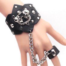 PE228外贸欧美 铆钉朋克饰品皮质手链 相爱骷髅链条戒指皮手带