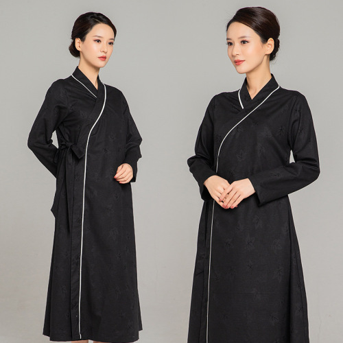 Linen tai chi clothing chinese kung fu uniforms collar robe long retro performance dress