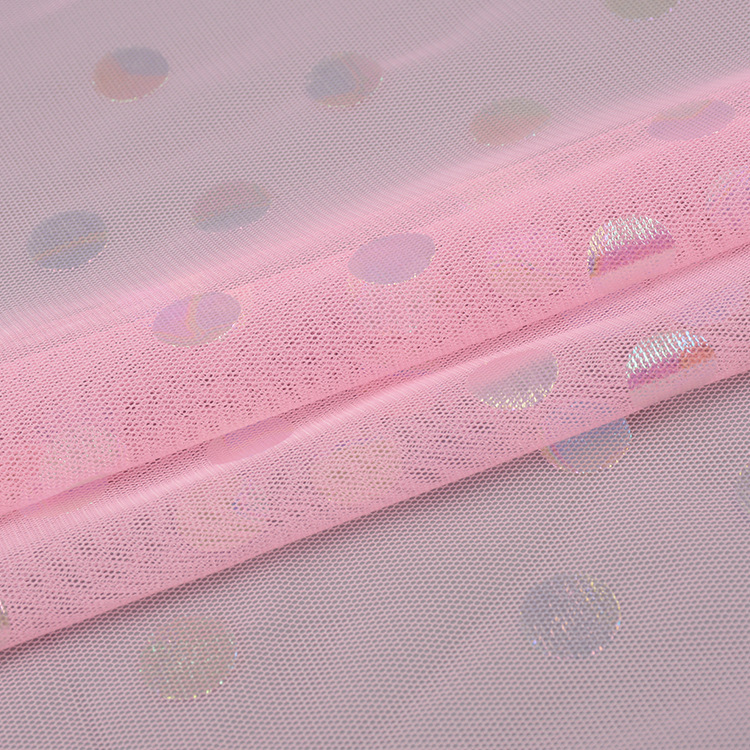 Fabricantes de suministro de puntos láser colorido estampado rosa tela de malla de tela de ropa de chicas