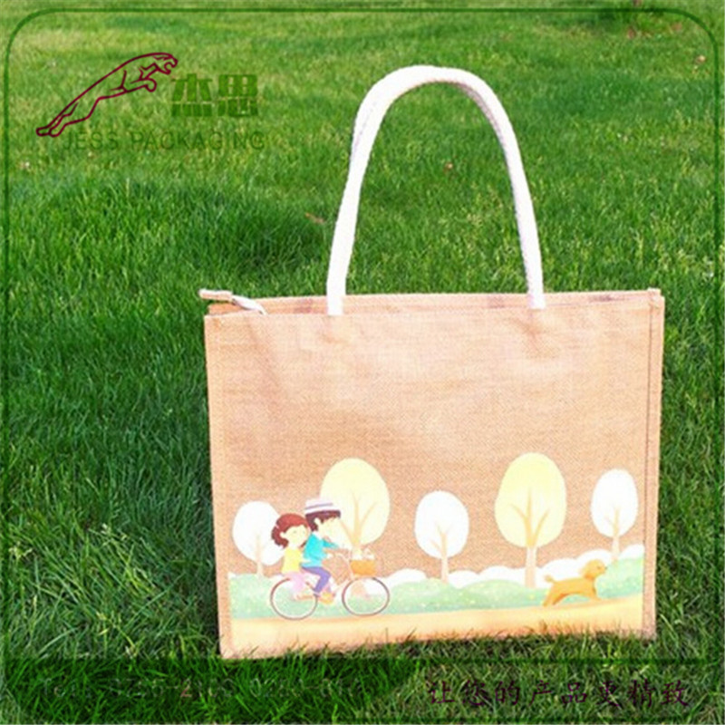 设计新款卡通人物各种印花Logo黄麻布手提单肩包大容量购物包